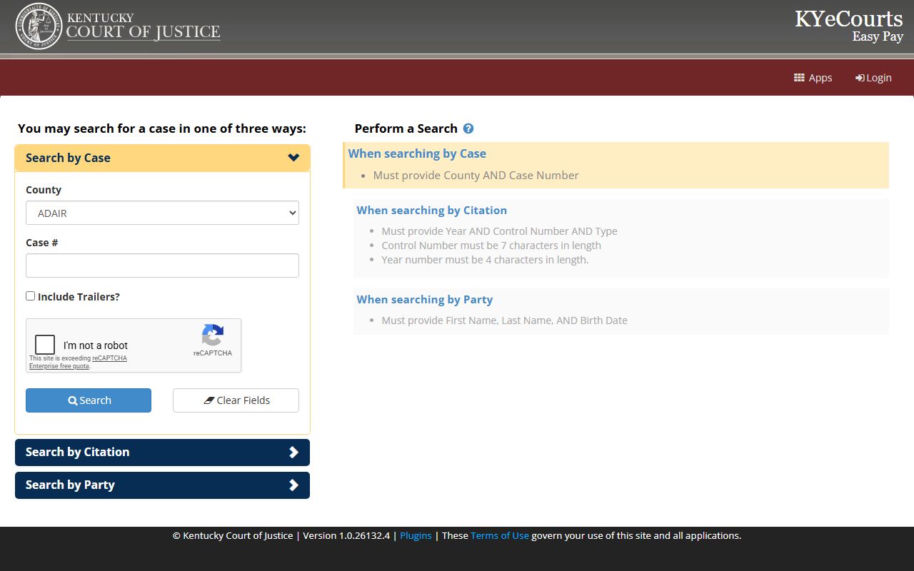 Trimble County court records Kentucky ePay case citation and party search