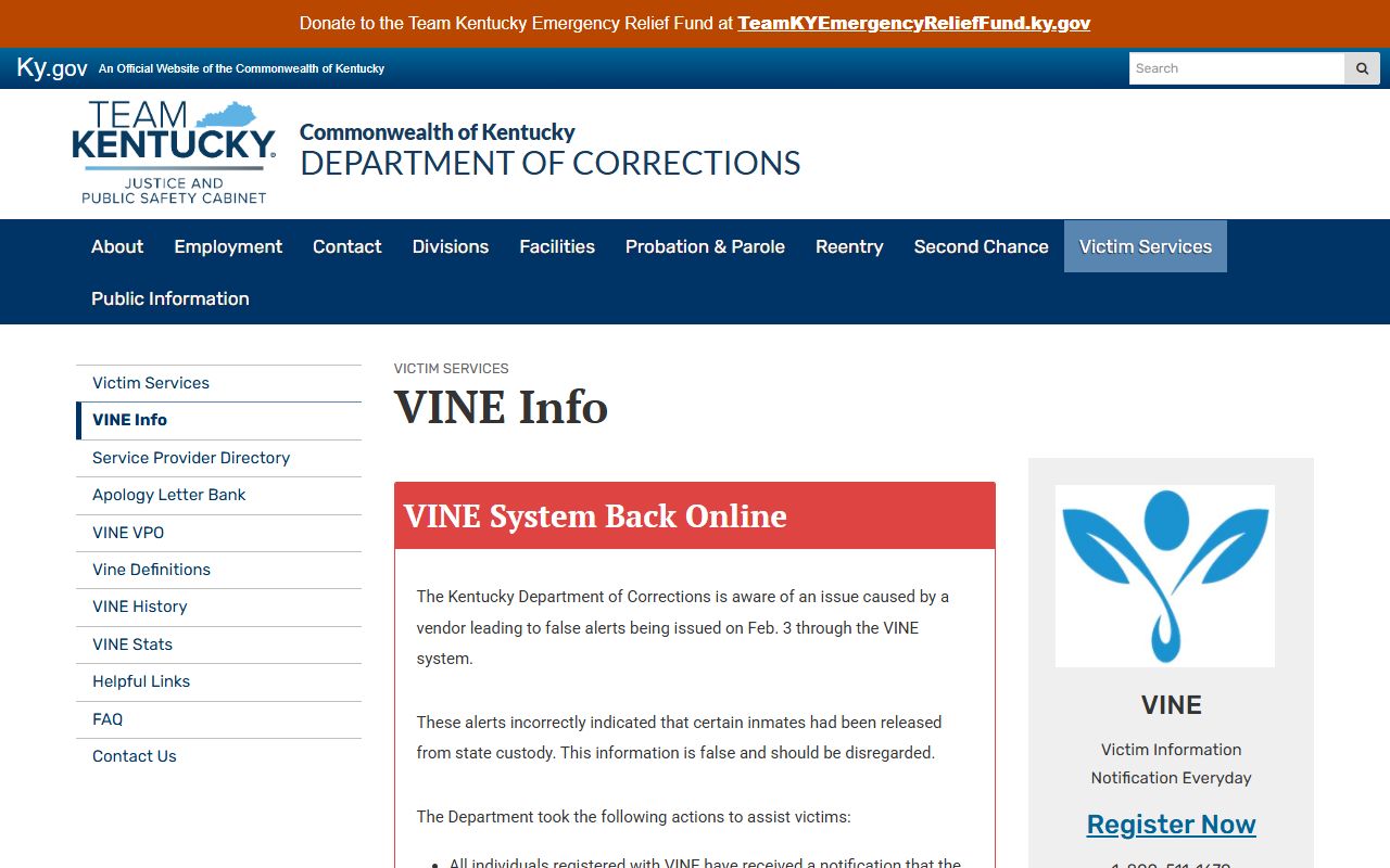 Trimble County inmate records Kentucky VINE custody notification information