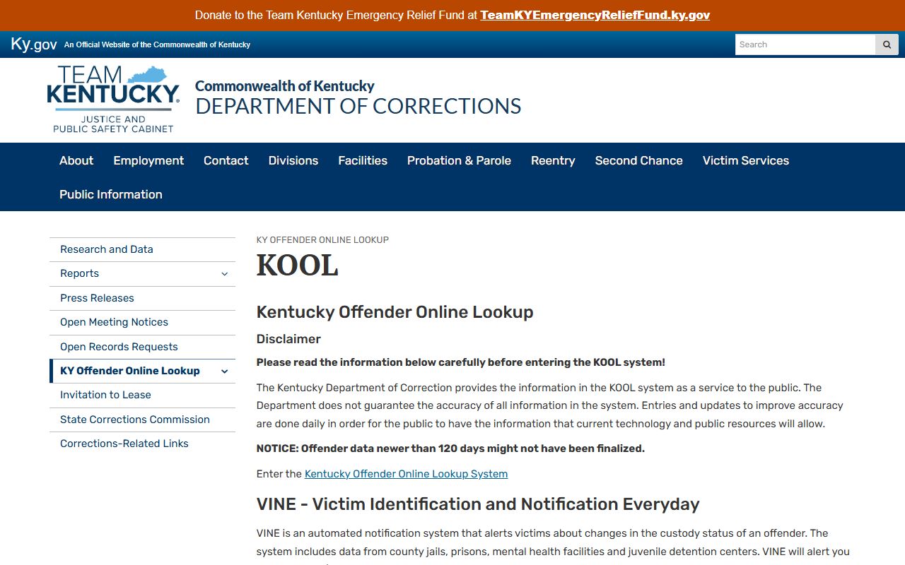 Trimble County inmate records Kentucky DOC KOOL information page