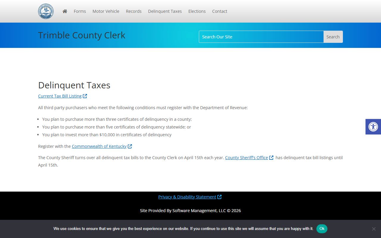 Trimble County marriage records County Clerk delinquent taxes page
