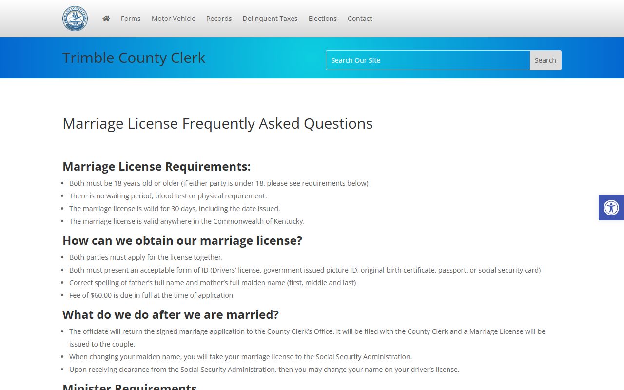 Trimble County marriage records County Clerk marriage license page